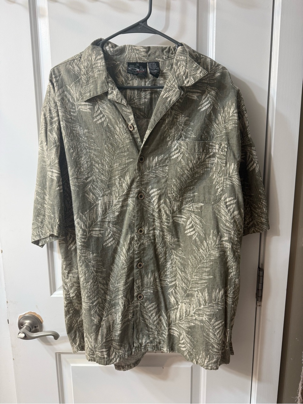 OP Olive Green Leaf Print Short Sleeve Button-Down Shirt